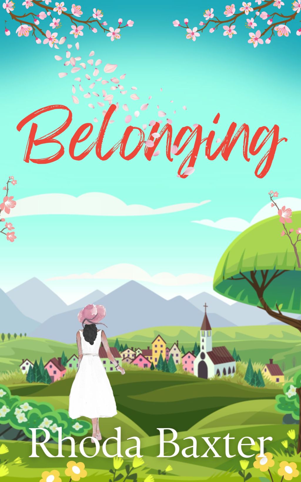 Illustrated book cover, in the foreground, a woman in a floaty white dress away. In the background is a village nestled in the hills. A cherry blossom at the top of the image sheds pink petals.