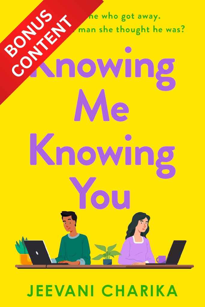 Bright yellow background, title text in lilac/ purple reads 'Knowing Me KNowing You'. There is a cartoon image of a man (brown) and a woman (white) working at their computers. The author name is Jeevani charika and is in green.
