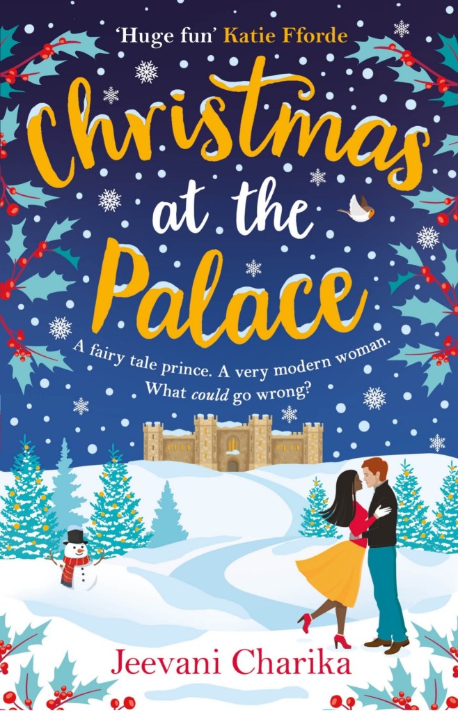 CHRISTMAS AT THE PALACE
The cover has a dark blue background with the title written in gold/yellow. The bottom half of the image is a snowy landscape with a castle in the distance and couple embracing at the bottom right corner.
