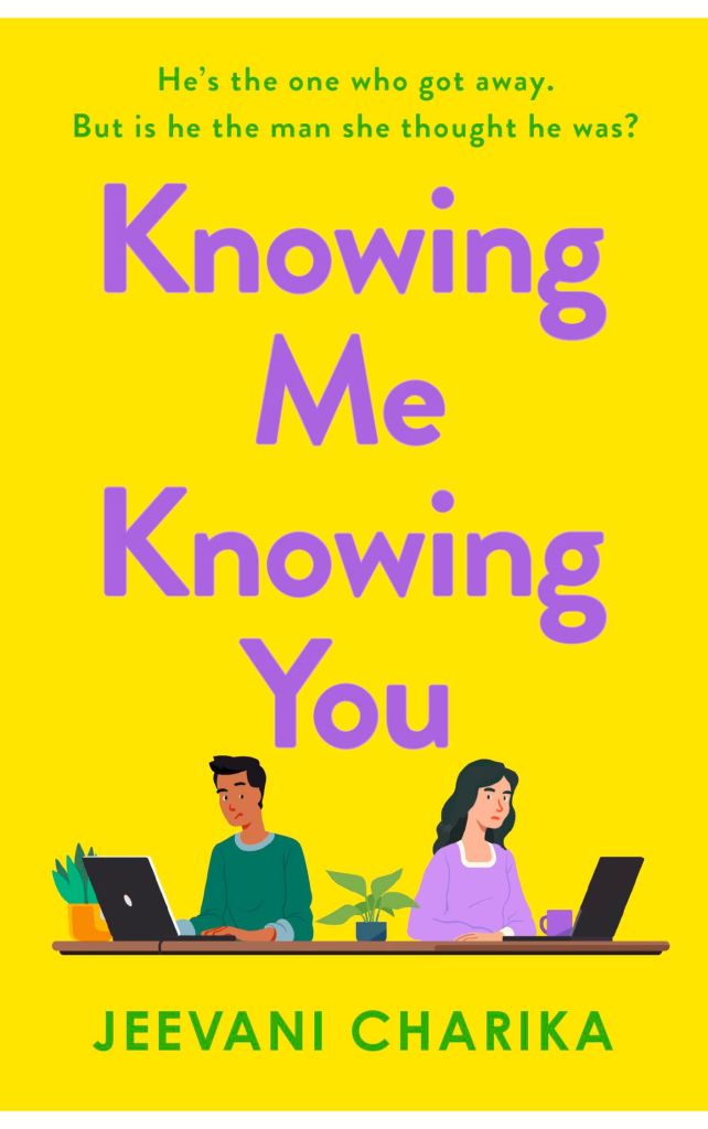 KNOWING ME KNOWING YOU
Cover background is yellow with the title in purple. Below the title two cartoon people, a man and a woman, sit at a desk. 