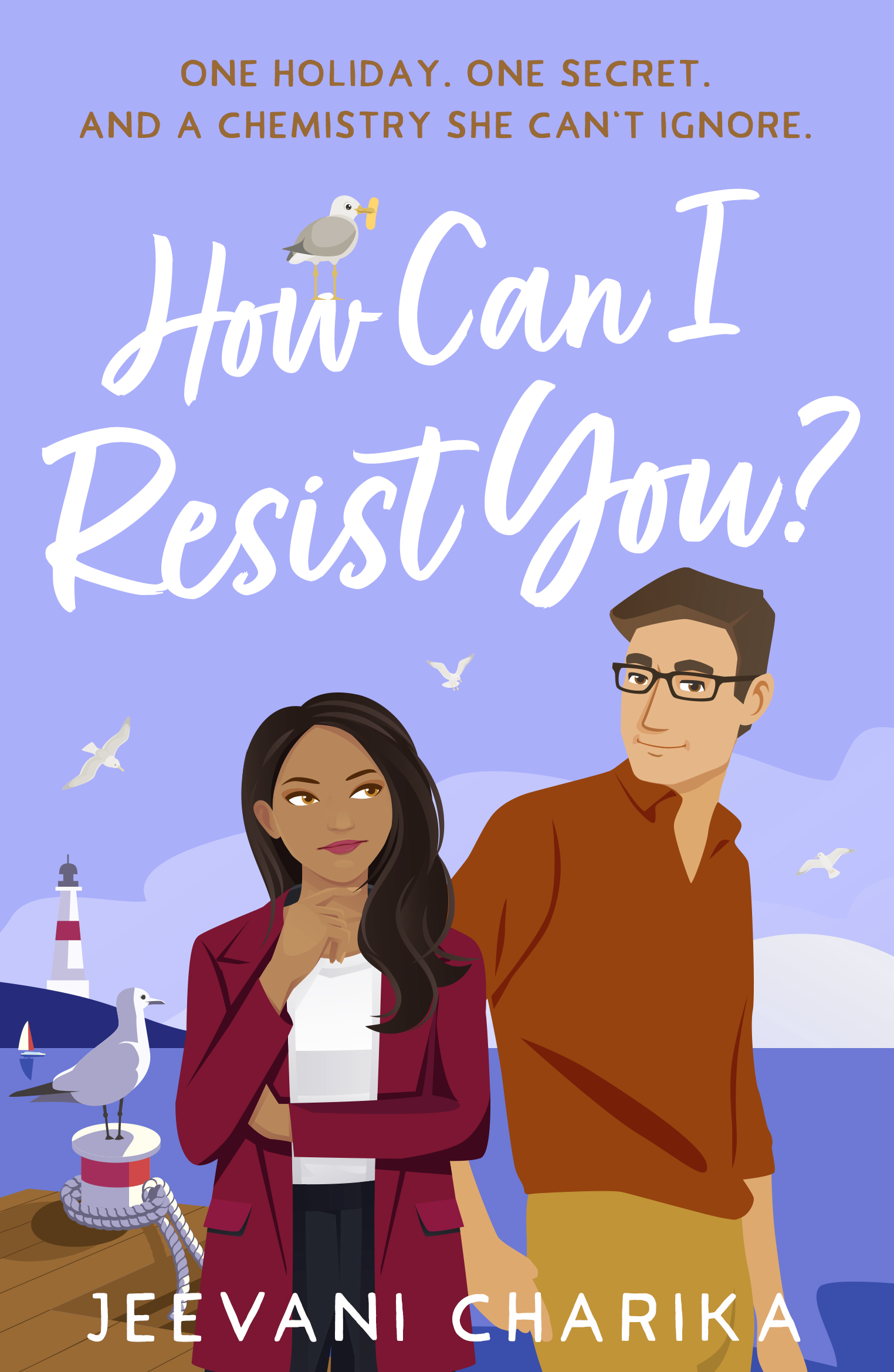 Blue sky background. Foreground has a cartoon image of a man and a woman. The man is white, wears glasses and is wearing a reddish brown shirt and tan trousers. The woman is brown with black hair, and is wearing a reddish brown jacket, white top and jeans. The background is a seaside image with a lighthouse in the distance and seagulls. The title How Can I Resist You has a seagull holding a chip in its beak sitting on it.