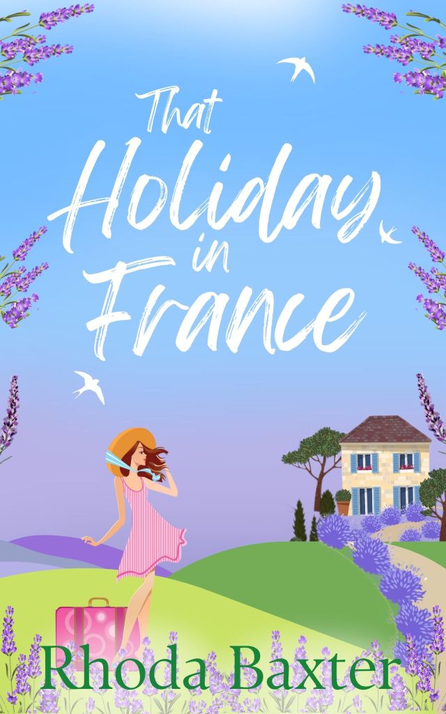 Ilustrated book cover. A girl wearing a summer dress stands next to a suitcase. In the background if a French style house with lavender fields.