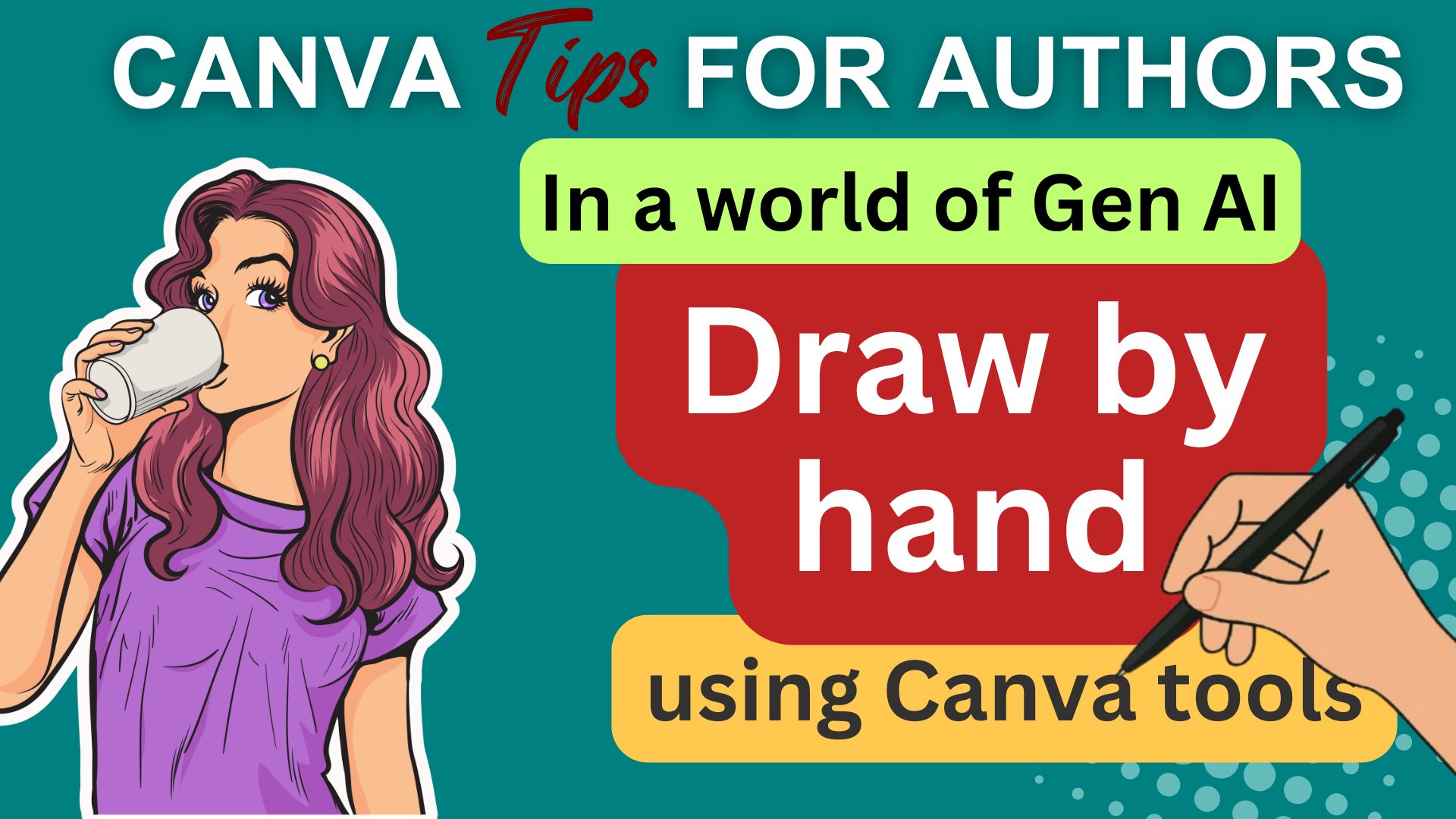 Image of a happy cartoon woman. Text reads: In a world of Gen AI - Draw by hand using Canva tools
