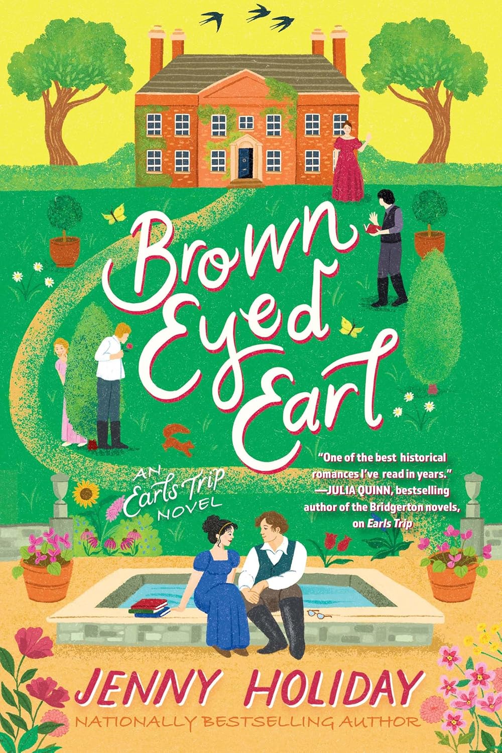 Book cover of Brown Eyed Earl - illustrated cover showing a manor house and people in regency dress